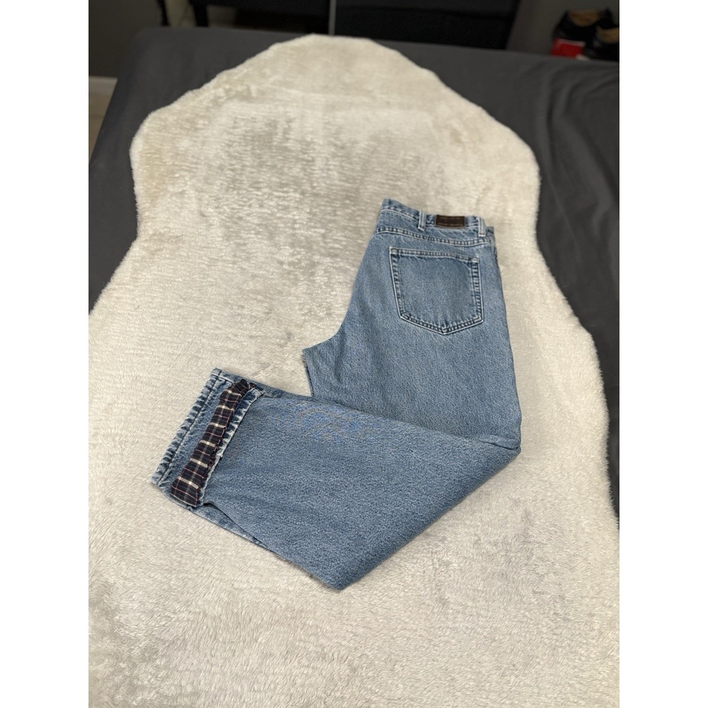 L.L. Bean Men’s Straight Jeans in Light Blue with Plaid Cuff Detail